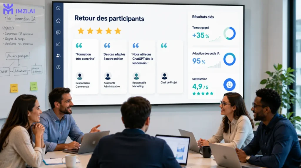 Équipe de collaborateurs partageant leur retour d'expérience après une formation en intelligence artificielle, avec tableau de satisfaction, indicateurs de performance et témoignages anonymisés dans une interface professionnelle.