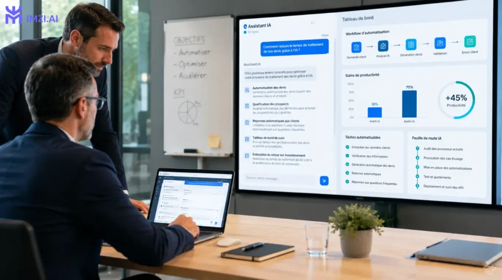 Dirigeant de PME utilisant un assistant d'intelligence artificielle lors d'un atelier pratique pour analyser un cas réel, avec un tableau de bord de productivité et un workflow d'automatisation.