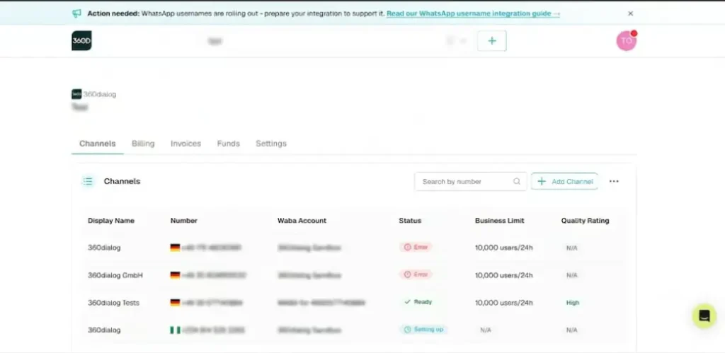 Interface 360dialog pour gérer WhatsApp Business API