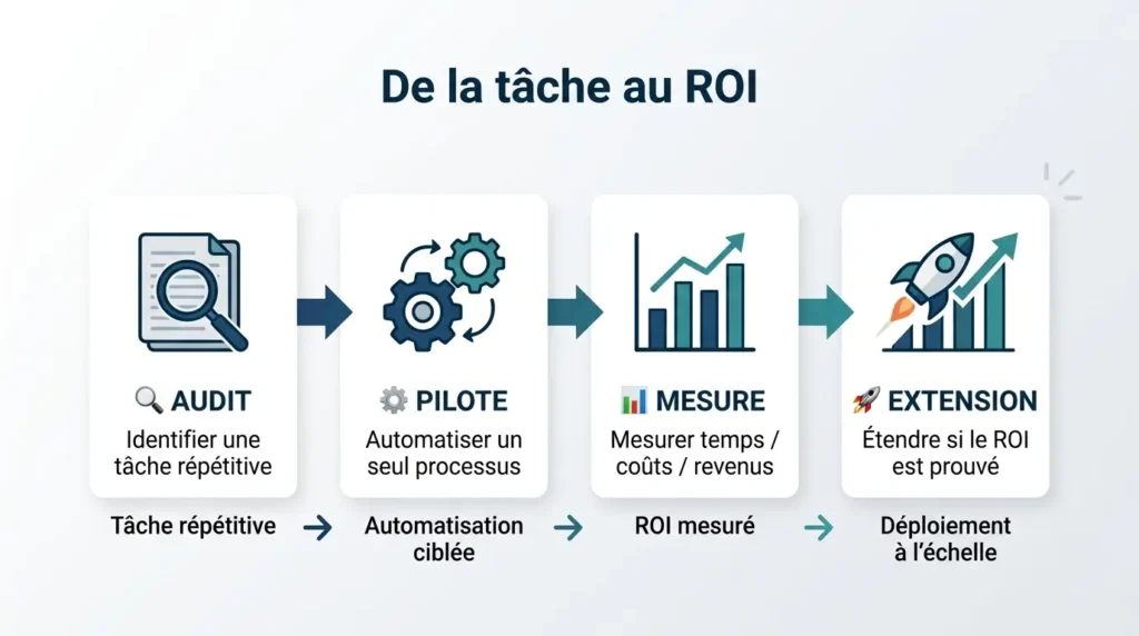 Infographie montrant le processus « De la tâche au ROI » en quatre étapes : audit d’une tâche répétitive, automatisation d’un processus pilote, mesure du temps, des coûts et des revenus, puis extension si le ROI est prouvé