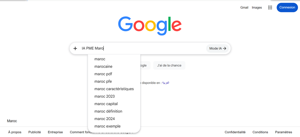 Capture des suggestions Google Suggest pour la recherche « IA PME Maroc », illustrant l'intérêt prioritaire sur les tarifs et la conformité CNDP plutôt que sur les aspects techniques.