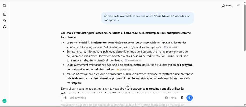 Réponse de ChatGPT analysant la dépêche sur l'ouverture de l'IA souveraine du Maroc aux entreprises.