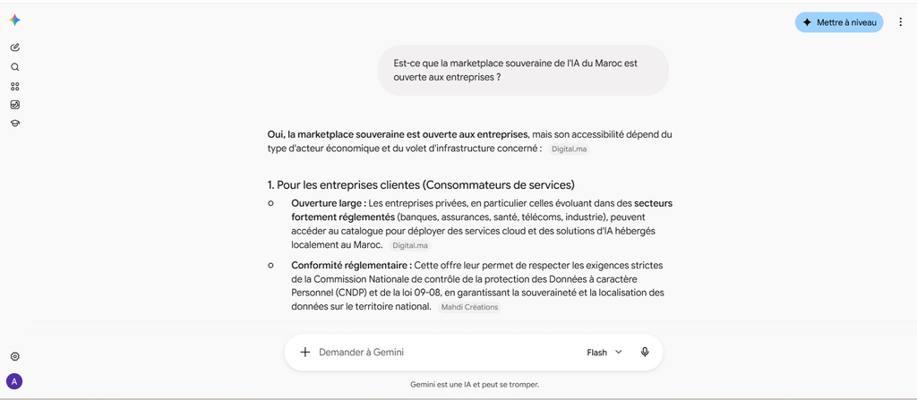 Réponse du moteur de recherche IA Perplexity concernant la souveraineté de l'IA marocaine pour les entreprises.